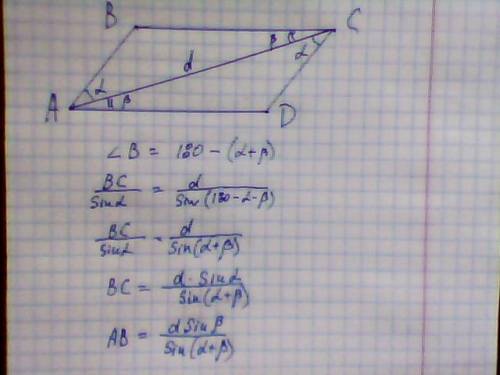 Діагональ d паралелограма утворює з його сторонами кути альфа і бета. знайти довжини сторін паралело