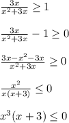 \frac{3x}{x^{2}+3x}\geq 1\\\\\frac{3x}{x^{2}+3x} -1\geq 0\\\\\frac{3x-x^{2}-3x}{x^{2}+3x}\geq 0\\\\\frac{x^{2}}{x(x+3)}\leq 0\\\\x^{3} (x+3)\leq0