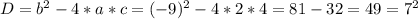 D = b^{2} - 4*a*c = (-9)^{2} - 4*2*4 = 81 - 32 = 49 = 7^{2}