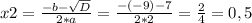 x2 = \frac{-b - \sqrt{D}}{2*a} = \frac{-(-9)-7}{2*2} = \frac{2}{4} = 0,5