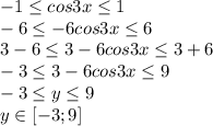 -1\leq cos3x\leq 1 \\ -6\leq -6cos3x\leq 6 \\ 3-6\leq 3-6cos3x\leq 3+6 \\ -3\leq 3-6cos3x\leq 9 \\ -3 \leq y \leq 9 \\ y \in [-3;9]