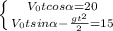 \left \{ {{V_0tcos\alpha=20} \atop {V_0tsin\alpha-\frac{gt^2}{2}=15}} \right.