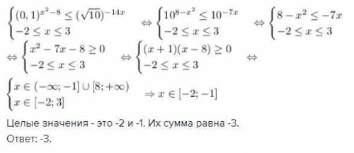 Найдите сумму целых решений неравенства (0,1) в степени х²-8≤(√10) в степени -14х, принадлежащих про