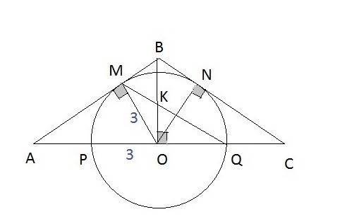 Окружность радиуса 3 с центром на основании равнобедренного треугольника касается его боковых сторон