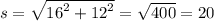 s = \sqrt{ {16}^{2} + {12}^{2} } = \sqrt{400} = 20