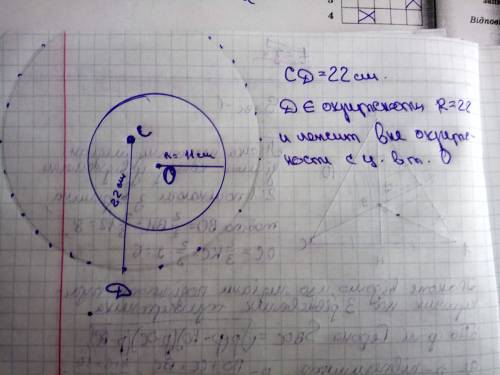 Точка с лежит внутри окружности радиуса 11 см.где расположена точка d,если dc=22см?