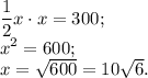 \dfrac{1}{2}x \cdot x=300;\\x^2=600;\\x=\sqrt{600}=10 \sqrt{6}.