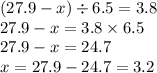 (27.9 - x) \div 6.5 = 3.8 \\ 27.9 - x = 3.8 \times 6.5 \\ 27.9 - x = 24.7 \\ x = 27.9 - 24.7 = 3.2