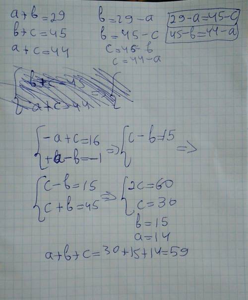 A+b=29,b+c=45,a+c=44 вычислить a+b+c=?