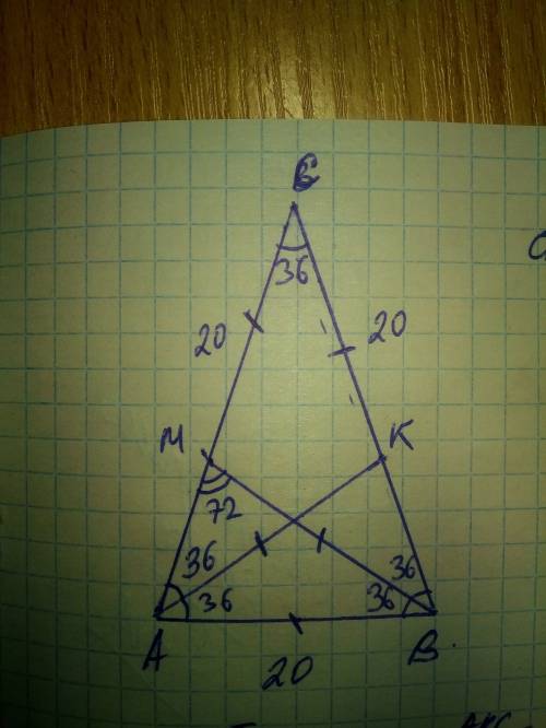 Вравнобедренном треугольнике abc угол при вершине с равен 36 градусам, вм и ак-биссектрисы углов b и