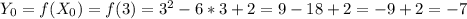 Y_{0}=f(X_{0})=f(3)=3^{2}-6*3+2=9-18+2=-9+2=-7