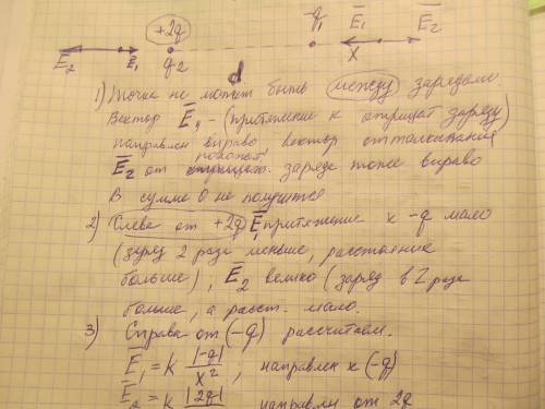 Два точечных заряда 2q и –q находятся на расстоянии d друг от друга. найти положение точки на прямой