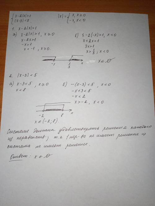 Решить систему неравенств x-2|x|> 1 |x-3|< 5