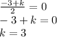 \frac{ - 3 + k}{2} = 0 \\ - 3 + k = 0 \\ k = 3