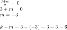 \frac{3 + m}{2} = 0 \\ 3 + m = 0 \\ m = - 3 \\ \\ k - m = 3 - ( - 3) = 3 + 3 = 6