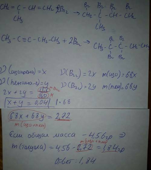 Раствор изопрена и пентина-2 в толуоле общей массой 4,56 г может присоединить 12,8 г брома. найдите