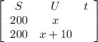 \left[\begin{array}{ccc}S&U&t\\200&x&\\200&x+10&\end{array}\right]