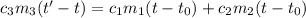 c_{3}m_{3}(t' - t) = c_{1}m_{1}(t - t_{0}) + c_{2} m_{2}(t - t_{0})