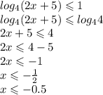 log_{4}(2x + 5) \leqslant 1 \\ log_{4}(2x + 5) \leqslant log_{4}4 \\ 2x + 5 \leqslant 4 \\ 2x \leqslant 4 - 5 \\ 2x \leqslant - 1 \\ x \leqslant - \frac{1}{2} \\ x \leqslant - 0.5