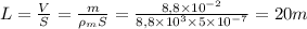 L = \frac{V}{S} = \frac{m}{\rho_m S} = \frac{8,8\times 10^{-2}}{8,8\times 10^3 \times 5 \times 10^{-7}} = 20 m \\