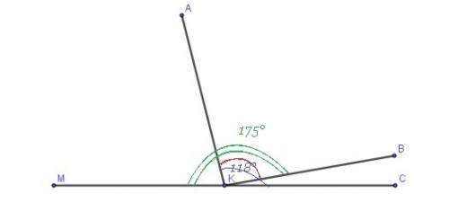 Из вершины развернутого угла mkc проведены лучи ka и kb так, что ∠mkb=1750 ,∠ akc=1180 . вычислите г