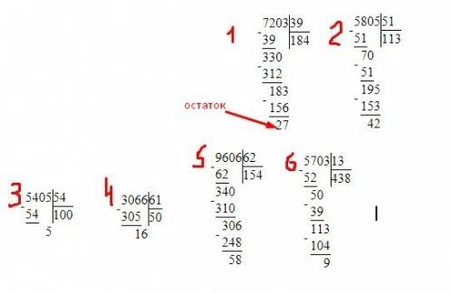 Решите . примеры с остатком 7203: 39 5805: 51 5405: 54 3066: 61 9606: 62 5703: 13