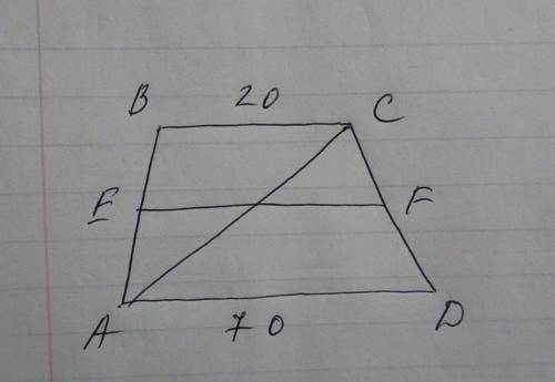 Втрапеции abcd с основаниями bc=20 и ad=70 проведена прямая , параллельная основаниям трапеции и пер