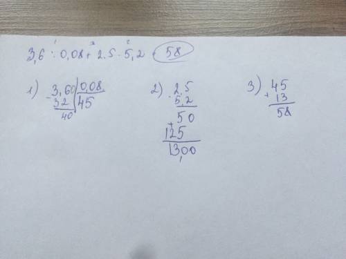 3, 6 : 0, 0 8+ 5, 2 • 2,5 по действиям в столбик.