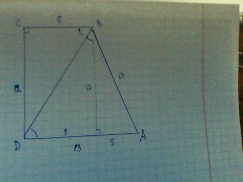 Основи прямокутної трапеції дорівнюють 13 і 8 см, а діагональ ділить її тупий кут навпіл. знайдіть п