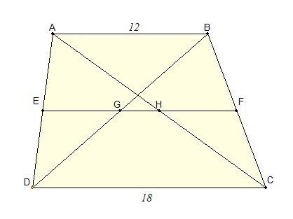 Основания трапеции равны 12 см и 18 см. найдите длины отрезков, на которые диагонали трапеции делят