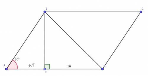 Упаралелограмі abcd угол а=60 градусів,висота bk ділить сторону ad на відризки ак=4корнів із3 см і d
