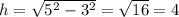 h =\sqrt{5^{2}-3^{2}} =\sqrt{16}= 4