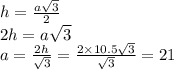 h = \frac{a \sqrt{3} }{2} \\ 2h = a \sqrt{3} \\ a = \frac{2h}{ \sqrt{3} } = \frac{2 \times 10.5\sqrt{3} }{ \sqrt{3} } = 21