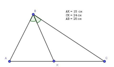 До основи трикутника проведено бісектрису, яка ділить її на відрізки 15 і 24 см. менша бічна сторона