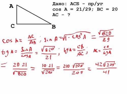 Втреугольнике abc угол c равен 90 градусов, bc=20, cosa=21/29. найдите ac.