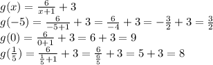 g(x) = \frac{6}{x + 1} + 3 \\ g( - 5) = \frac{6}{ - 5 + 1} + 3 = \frac{6}{ - 4} + 3 = - \frac{ 3}{2} + 3 = \frac{3}{2} \\ g(0) = \frac{6}{0 + 1} + 3 = 6 + 3 = 9 \\ g( \frac{1}{5} ) = \frac{6}{ \frac{1}{5} + 1} + 3 = \frac{6}{ \frac{6}{5} } + 3 = 5 + 3 = 8