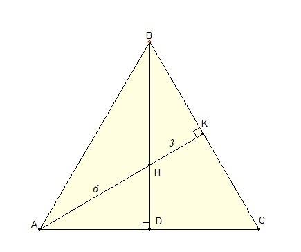 Вравнобедренном треугольнике авс (ав=вс) точка h ортоцентр. высота ак=9 см, а отрезок ан=6 см. найди