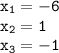 \tt x_1=-6\\ x_2=1\\ x_3=-1