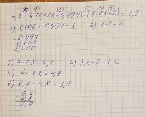 Сколько будет 6,7-4×(0, 006+0, 994)×(4×0,8-2)