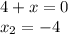 4 + x = 0 \\ x_{2} = - 4