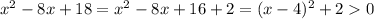 x^2-8x+18=x^2-8x+16+2=(x-4)^2+20