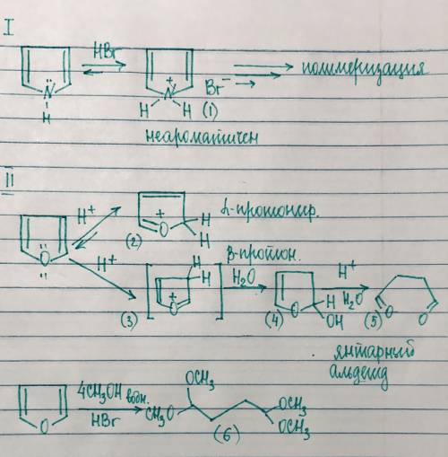Напишите уравнения реакций пиррола и фурана с бромоводородом. куда присоединяется протон?