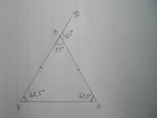 Втреугольнике abc известно, что ac=bc. внешний угол при вершине b равен 125°. найдите угол c. ответ