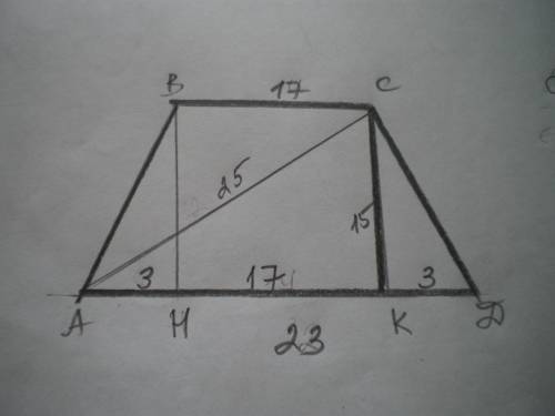 І! .знайдіть висоту рівнобічної трапеції,основи якої =23 см і 17 см,а діагональ =25 см.