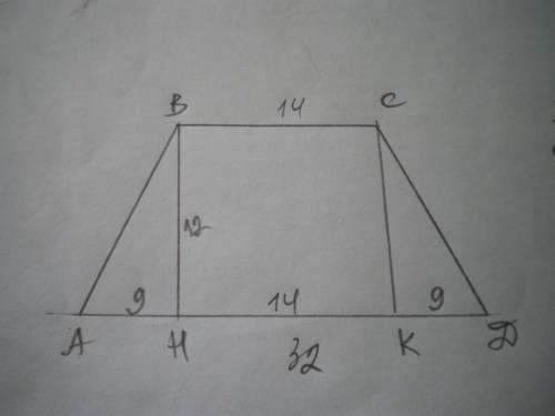 Основи рівнобічної трапеції = 14 і 32 см а висота 12 см. знайдіть бічну сторону трапеції