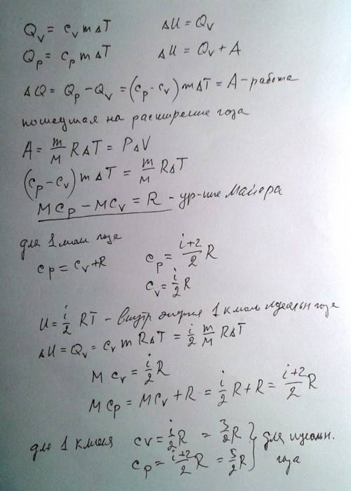 Получите формулы для молярных теплоемкостей газа ср и сv
