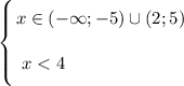 \left \{ {{\bigg{ x \in (-\infty; -5) \cup (2; 5)}} \atop {\bigg{x < 4 \ \ \ \ \ \ \ \ \ \ \ \ \ \ \ \ \ \ \ }}} \right.
