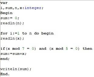 Напишите программу, которая в последовательности натуральных чисел определяет сумму чисел кратных 7,