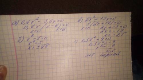 Решите уравнение: а) 0,6х^2 - 3,6x=0 б) x^2 - 5=0 в) 2x^2 + 17x = 0 г) 0,5x^2 + 9 = 0