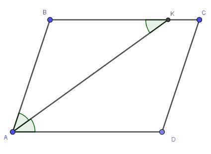 Впараллелограме abcd биссектриса угла а пересекает сторону в точке к. найдите периметр параллелограм